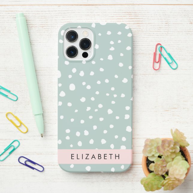 Coque iPhone Points Dalmatiens verts, Spots, Votre Nom (Sur le bureau)