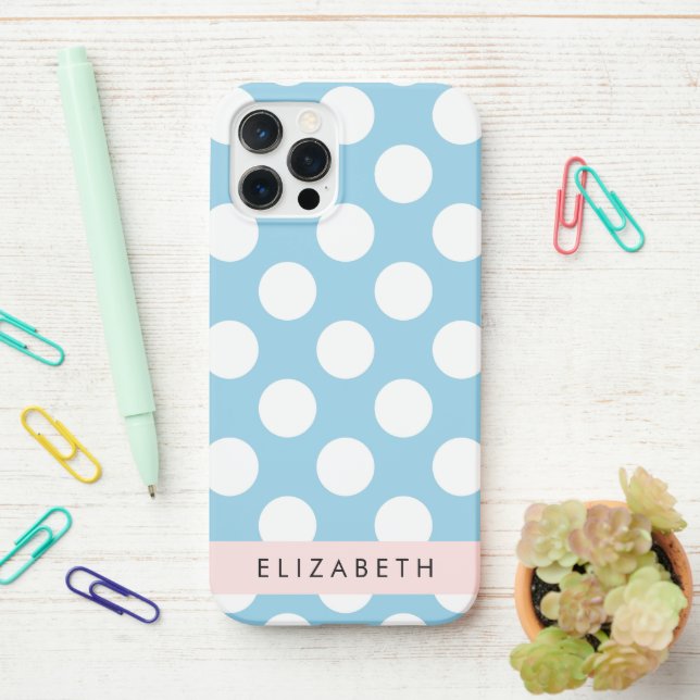 Coque iPhone Pois Bleus, Motif Polka Dot, Votre Nom (Sur le bureau)