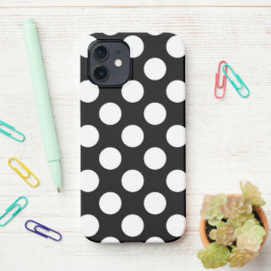 Coque iPhone 12 Pois noirs et blancs, Motif Polka