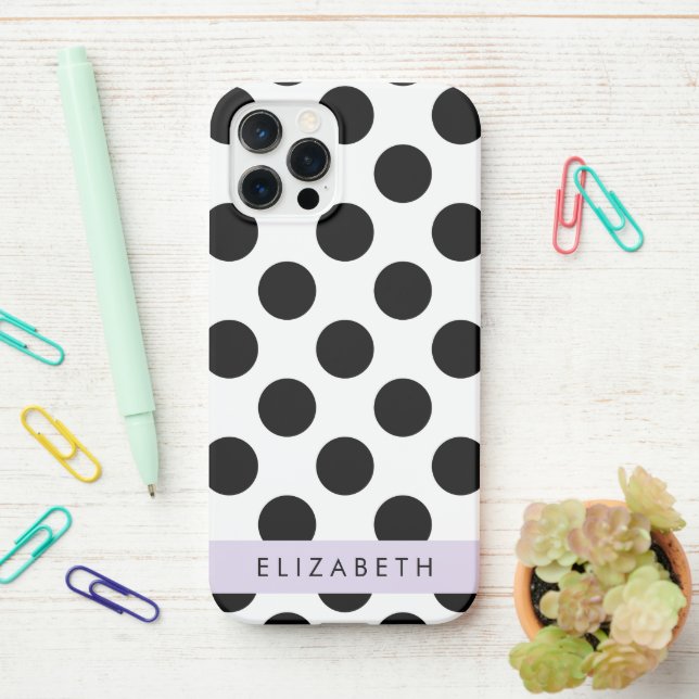 Coque iPhone Pois noirs et blancs, pointillés, Votre nom (Sur le bureau)