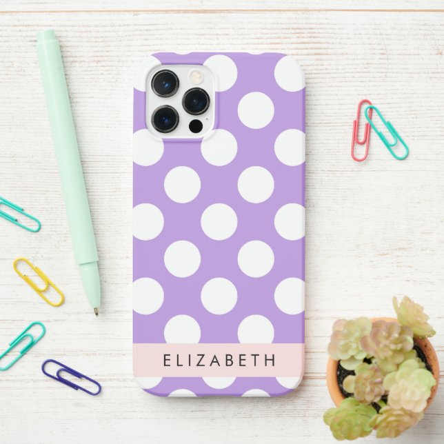 Coque iPhone Pois violets, Motif Pointe Polka, Votre Nom (Sur le bureau)