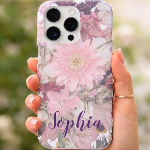 Coque iPhone 16 Pro Police d'écriture élégante Nom personnalisé Fleurs