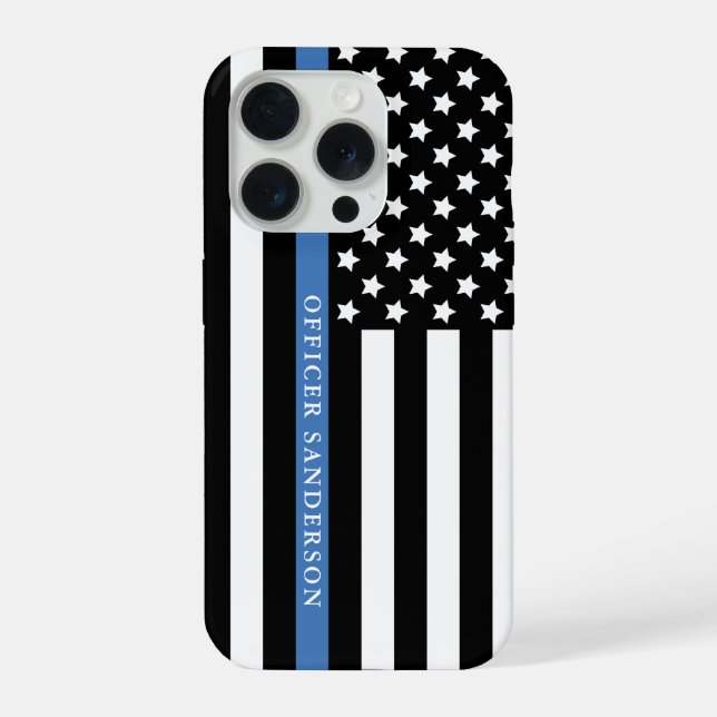 Coque iPhone Police Thin Blue Line American Flag Officer Name (Verso)