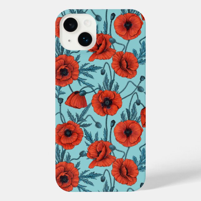 Coque iPhone Poppies, rouge et bleu sur le bleu de la piscine (Verso)