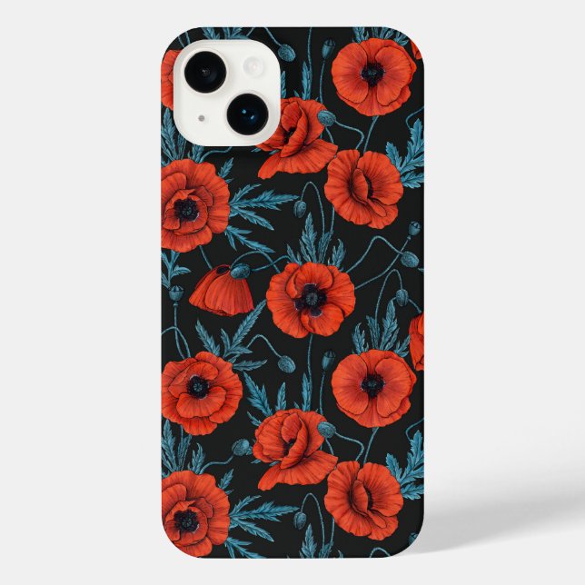 Coque iPhone Poppies, rouge et bleu sur noir (Verso)