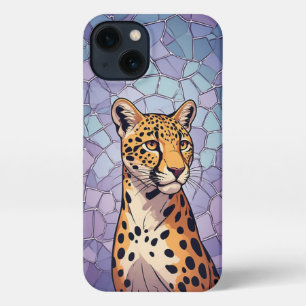 Etui iPhone 13 Portrait de Léopard Royal avec Verre Mosaïque Colo