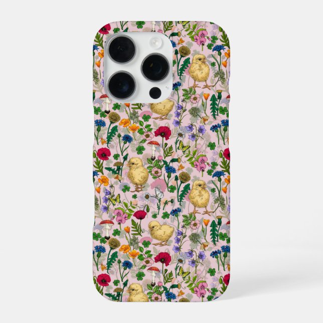 Coque iPhone Poulets et fleurs sauvages sur coton bonbon rose (Verso)
