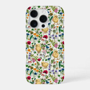 Coque iPhone 16 Pro Poulets et fleurs sauvages sur fond blanc cassé