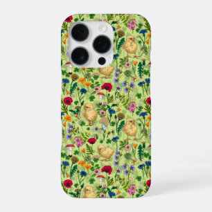 Coque iPhone 16 Pro Poulets et fleurs sauvages sur fond vert miel