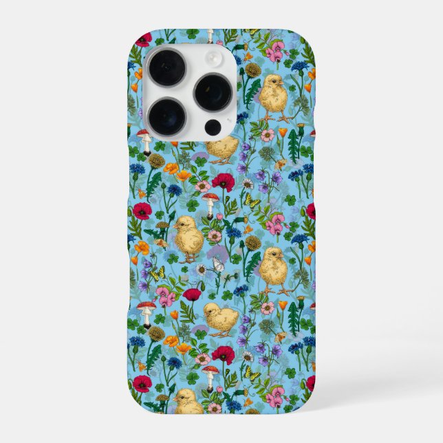 Coque iPhone Poulets et fleurs sauvages sur le bleu bébé (Verso)