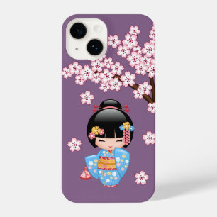 Coque Pour iPhone 14 Poupée Maiko Kokeshi - Fille Geisha en Kimono Bleu