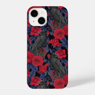 Coque Pour iPhone 14 Ravages et roses avec des feuilles bleu foncé