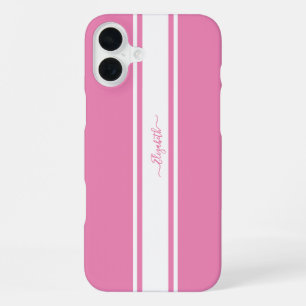 Coque iPhone 16 Plus Rayes de course roses et blanches Monogramme Chic