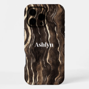 Coque iPhone 16 Pro Max Rayures ondulées marron chocolat or