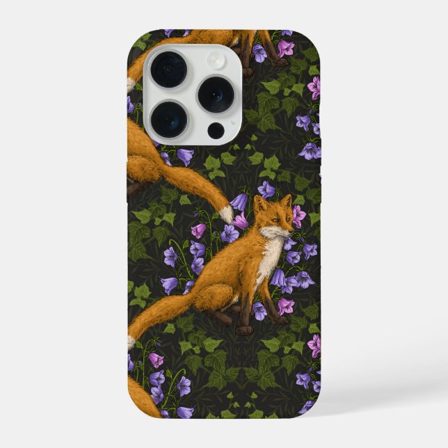 Coque iPhone Renard, fleurs et lierre, vert, orange et viole (Verso)