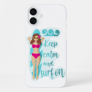 Coque iPhone 16 Plus Restez calme et surfez sur la carte de fille brune