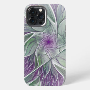 Etui iPhone 13 Pro Max Rêve de fleurs, Abstrait violet vert Fractal Art