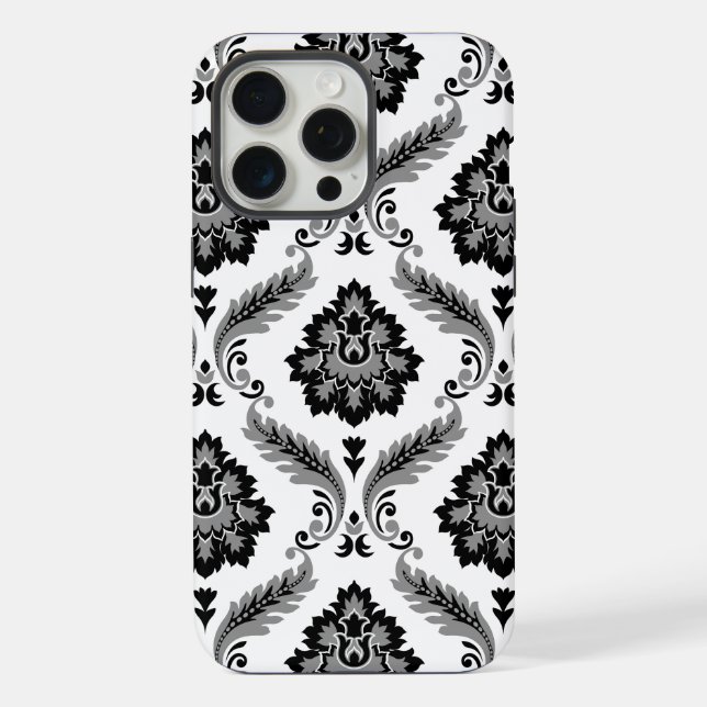 Coque iPhone Rococo Damask Pattern Grey Black White (Verso)
