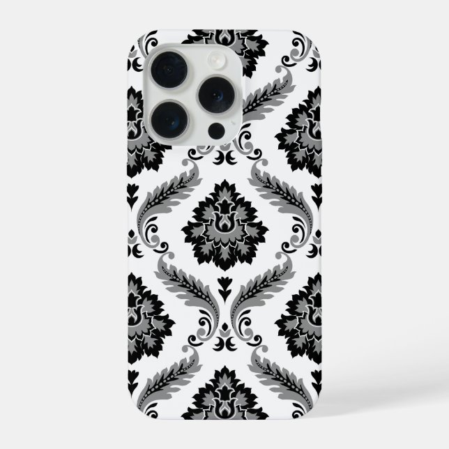 Coque iPhone Rococo Damask Pattern Grey Black White (Verso)