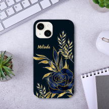 Rose bleu marine Feuilles or Monogramme