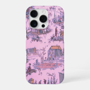 Coque iPhone 16 Pro Rose français Toile de Jouy style chinoiserie rust