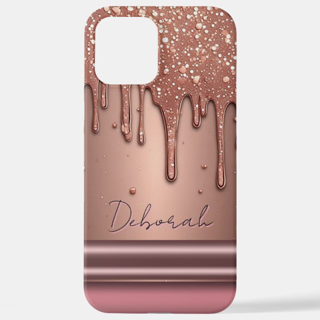 Coque iPhone Rose Gold Glitter Drip Custom Name Monogram (Verso)