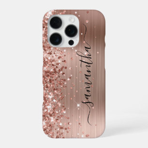 Coque iPhone 16 Pro Rose Gold Métallisé Pailleté Signature Féminine