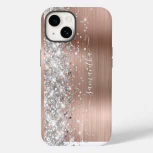 Coque Pour iPhone 14 Rose Gold Pailleté Argent Glamour Féminin Signatur