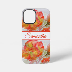 Coque iPhone 12 Mini Rose Orange Rouge Aquarelle florale Fleur Téléphon