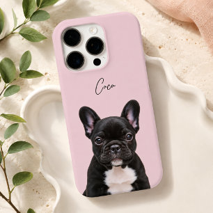 Coque iPhone 16 Pro Rose Pâle Photo de Chien Moderne et Nom de Compagn