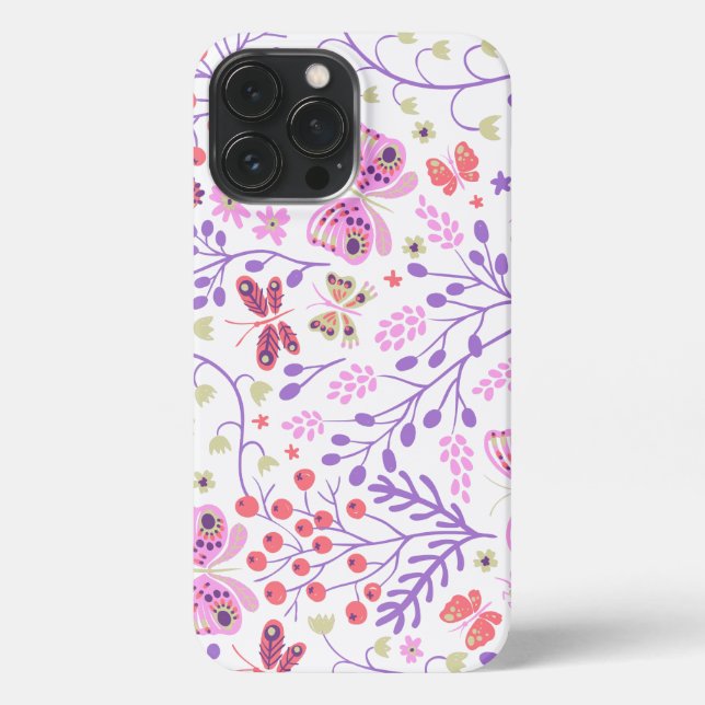 Coque iPhone Rose Papillon coloré et Fleurs (Verso)