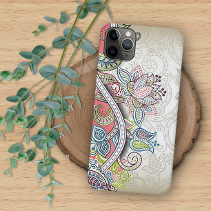 Coque iPhone 16 Pro Max Rose Rouge Bleu Vert Violet Paisley Art Floral