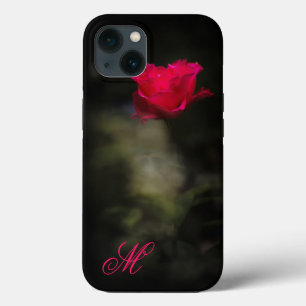 Etui iPhone 13 Rose rouge et fumée blanche. Monogramme.