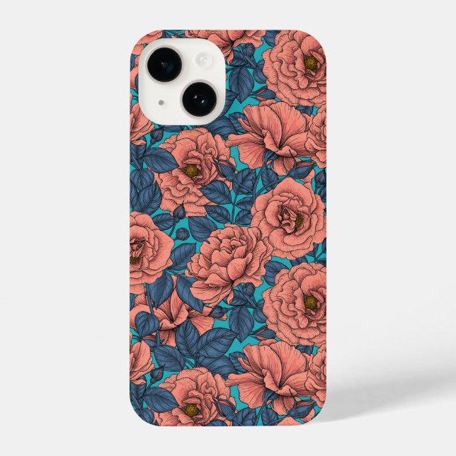Coque iPhone Roses roses avec des feuilles bleues sur bleu (Verso)