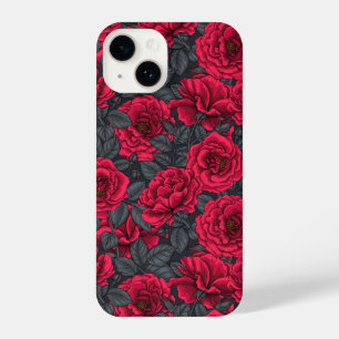 Coque Pour iPhone 14 Roses rouges avec feuilles gris sur noir
