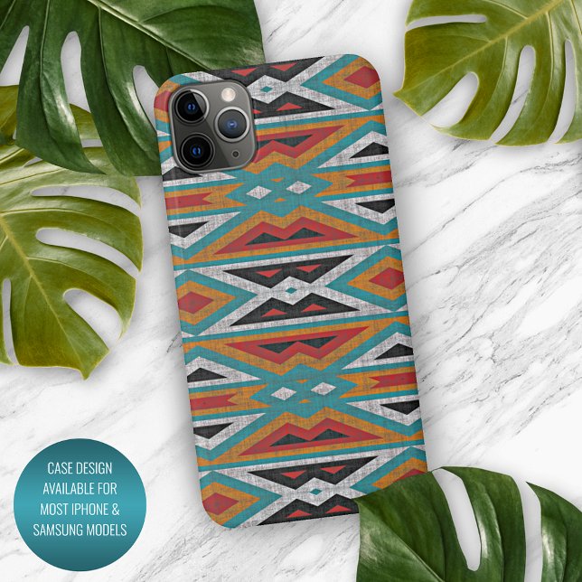 Coque iPhone Rouge Turquoise Turquoise Bleu Mosaïque noire Trib (Créateur téléchargé)