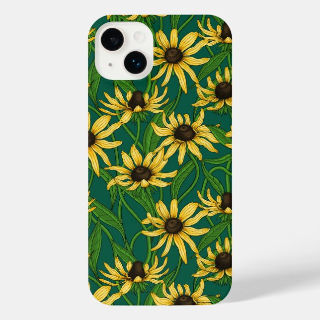 Coque iPhone Rudbekia jaune sur vert foncé (Verso)