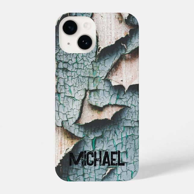 Coque iPhone Rustique vieux bleu vert peinture bois Nom personn (Verso)