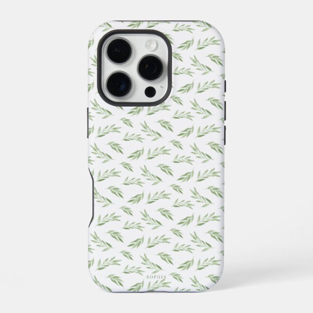 Coque iPhone Sage Green Spring Feuilles Nom personnalisé (Verso)