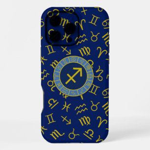 Coque iPhone 16 Pro Max Sagittaire Zodiac+Astrologie Symboles Ptn Gld+Blue