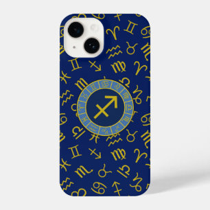 Coque Pour iPhone 14 Sagittaire Zodiac+Astrologie Symboles Ptn Gld+Blue