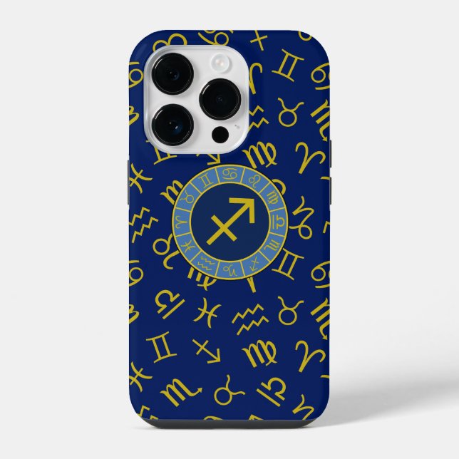 Coque iPhone Sagittaire Zodiac+Astrologie Symboles Ptn Gld+Blue (Verso)