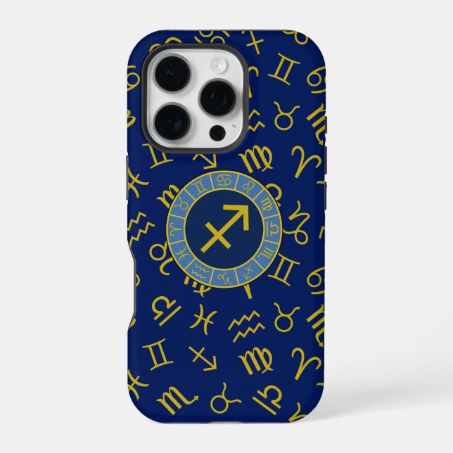 Coque iPhone Sagittaire Zodiac+Astrologie Symboles Ptn Gld+Blue (Verso)