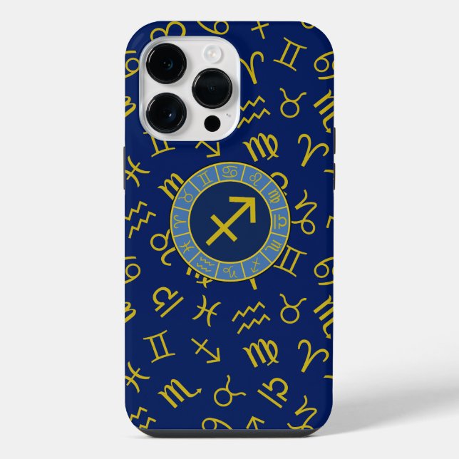 Coque iPhone Sagittaire Zodiac+Astrologie Symboles Ptn Gld+Blue (Verso)