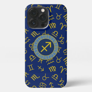 Etui iPhone 13 Pro Sagittaire Zodiac+Astrologie Symboles Ptn Gld+Blue