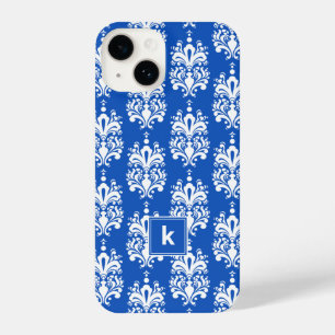 Coque Pour iPhone 14 Sapphire Blue Damask Motif Monogramme