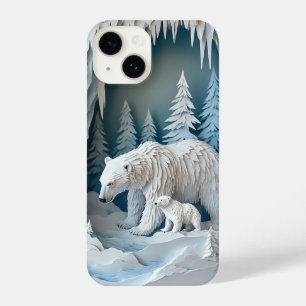 Coque Pour iPhone 14 Scène d'art en papier d'hiver avec ours polaires