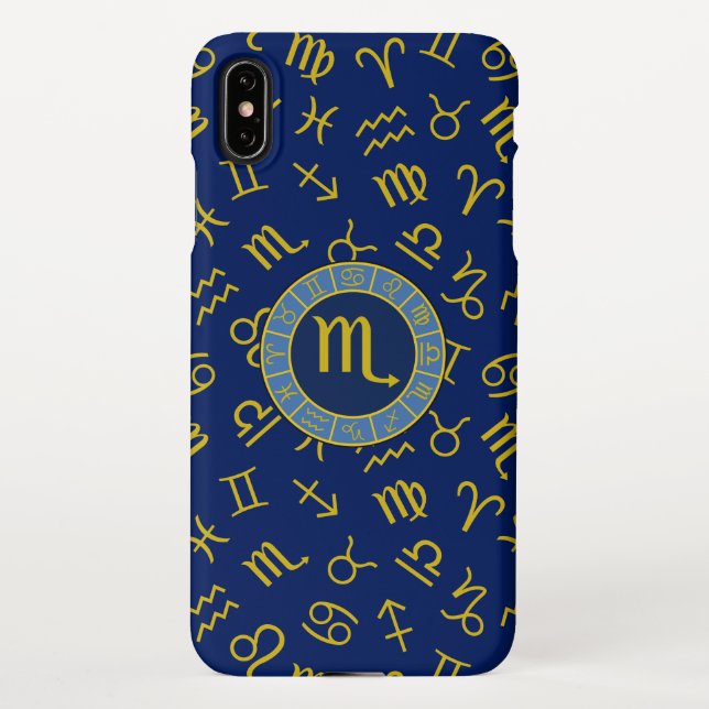 Coque iPhone Scorpio Zodiac+Astrologie Symboles Motif Gld+Blues (Dos)