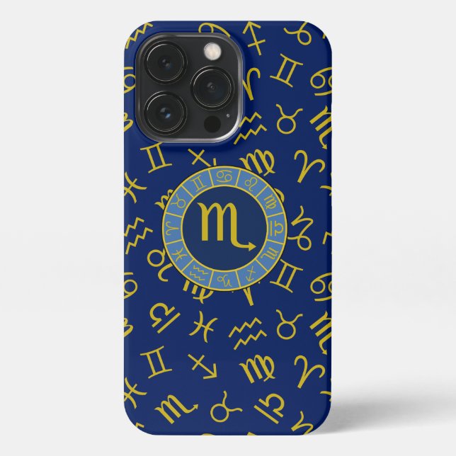 Coque iPhone Scorpio Zodiac+Astrologie Symboles Motif Gld+Blues (Verso)
