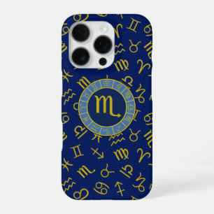 Coque iPhone 16 Pro Scorpio Zodiac+Astrologie Symboles Motif Gld+Blues